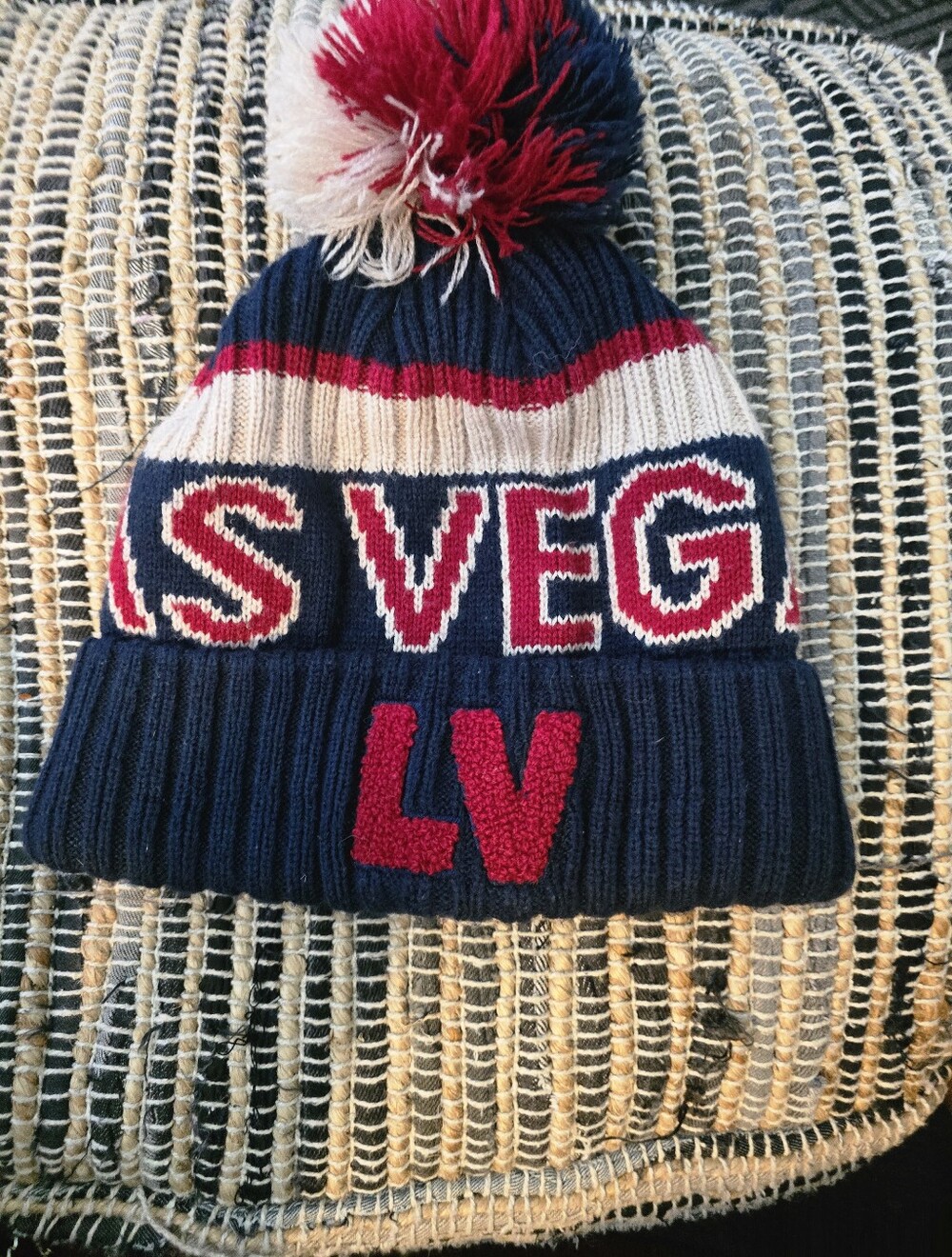 Robin Ruth Navy Red White 'LV' Pom Beanie Hat "Las Vegas"